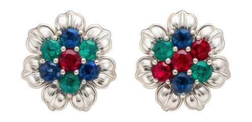 Floral cluster stud earrings featuring vibrant gemstones.
