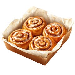 Fototapeta premium Six golden cinnamon buns with sugar icing in paper tray isolated on white transparent background