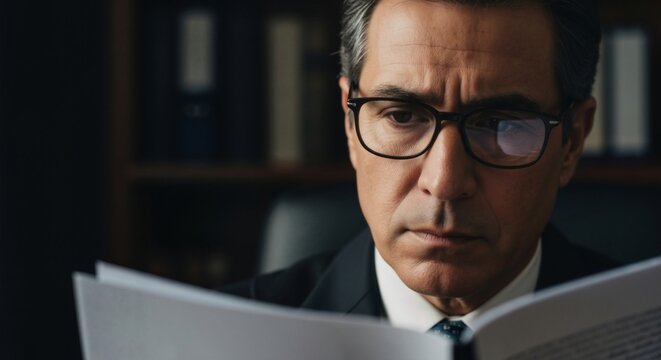 Focused mature lawyer in glasses reading a legal contract in his office. Close-up of a serious judge reviewing case documents. Concept of law and professional expertise - Powered by Adobe