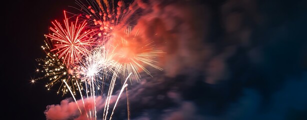 Vibrant fireworks illuminate the night sky with bursts of color and dazzling light