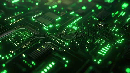 A close-up view of interconnected microchips on a circuit board glowing in green light during a technology showcase