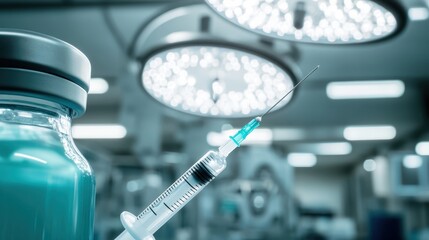 A sterile medical syringe with a needle is prepared for drawing liquid in a surgical operating room with bright lights