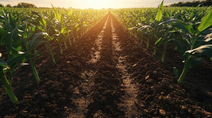 Field of corn plants under sunlight with detailed rows