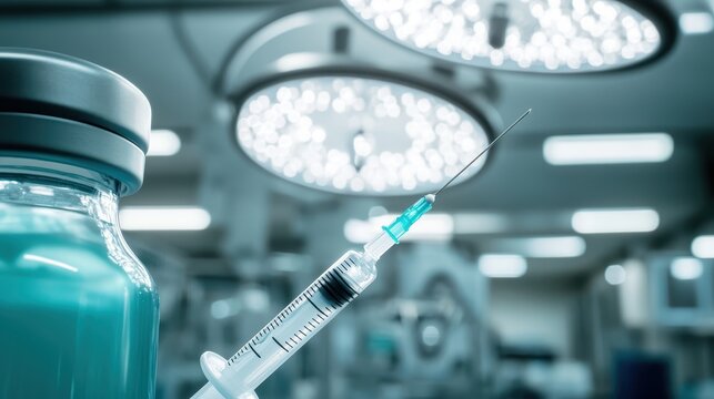 A sterile medical syringe with a needle is prepared for drawing liquid in a surgical operating room with bright lights
