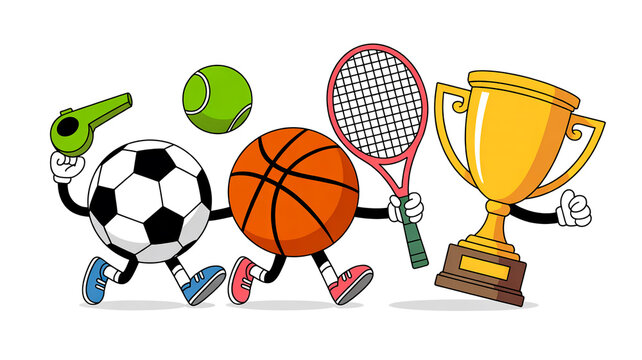 Celebrate victory and athletic achievement with a dynamic ensemble of sports icons including a soccer ball, basketball, tennis racket, whistle, and golden trophy, perfect for motivational projects.