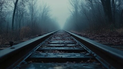 A close-up view of railway tracks leading into a foggy distance