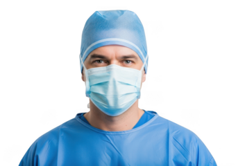 Medical professional wearing surgical mask and cap isolated on transparent background