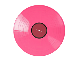 Close-up of a bright pink vinyl record.  Darker center