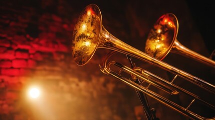 A tarnished brass trumpet instrument resting on a stand under dramatic lighting