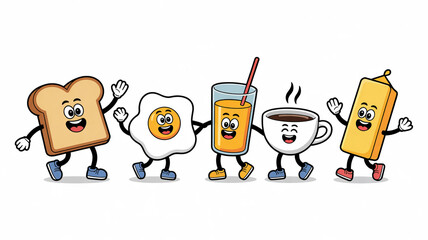Joyful breakfast characters, a slice of toast, a fried egg, orange juice, coffee cup, and butter stick, dancing together in a vibrant, fun celebration of morning meals