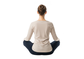 Woman in meditation pose with hands resting on knees isolated on transparent background