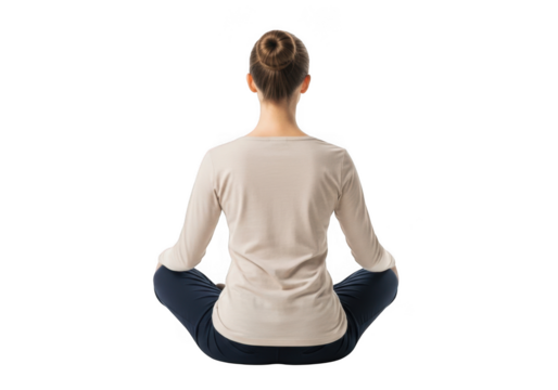 Woman in meditation pose with hands resting on knees isolated on transparent background