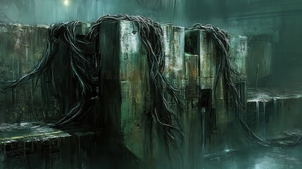 Gnarled Metallic Structure With Exposed Wiring in Dark Setting