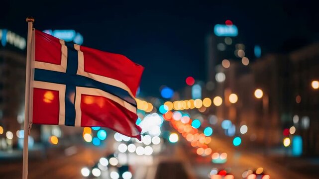 Norwegian flag waving in urban night with bokeh city lights. National pride concept for holidays, travel, and tourism celebration background.