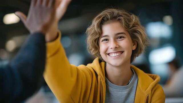 Teen Girls Brainstorming Together with High-Fives in Soft Lighting