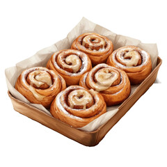 Fresh cinnamon rolls in a baking tray with icing isolated on white transparent background