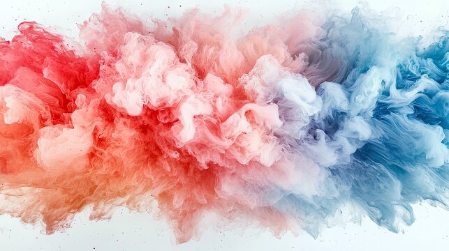 A dynamic, abstract composition featuring swirling clouds of red and blue smoke or ink blending together against a clean white backdrop.