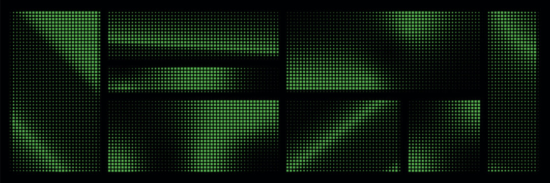 Green pixel bitmap pattern with glitch effect and radial halftone gradient. Abstract digital texture featuring dithered waves and retro Y2K manga-style overlay for creative backgrounds.