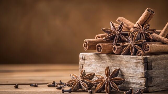 A warm and rustic arrangement of star anise, cinnamon sticks, and cloves scattered on a wooden surface
