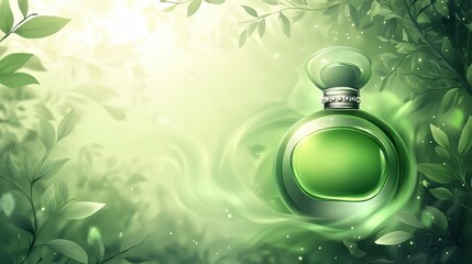 Green Perfume Bottle Among Leaves and Misty Background