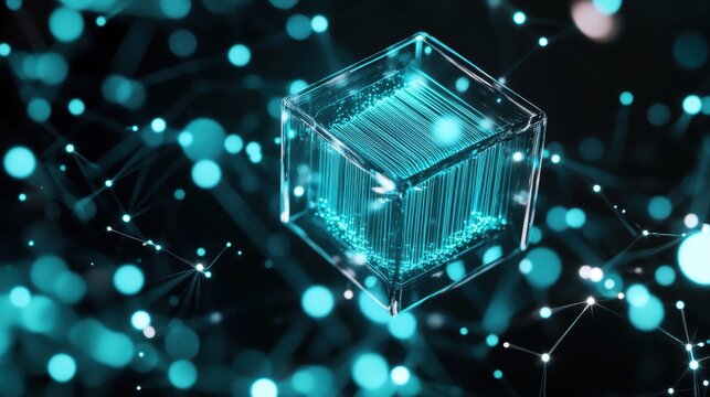 Abstract digital network of glowing cyan fiber optics within a transparent cube and bokeh background