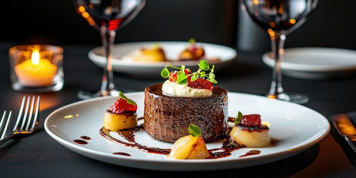 A fine-dining restaurant table set with elegant white plates, wine glasses, and a candle centerpiece