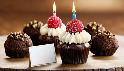 Card with small birthday cupcake and chocolate truffles
