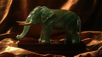 Intricately carved jade elephant statue with gleaming tusks displayed indoors