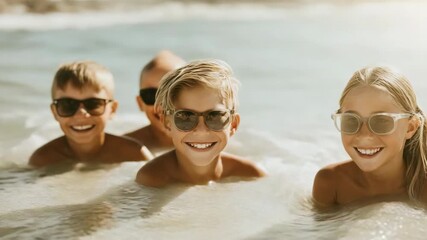 Happy caucasian children enjoying beach waves on a sunny day