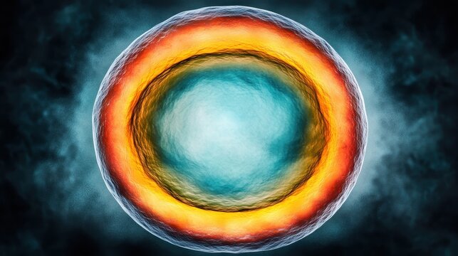 Abstract vibrant depiction of a cell structure with colorful internal layers and a bright central core