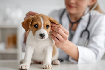Puppy getting ear exam at modern vet clinic, a caring moment for pet health and happy animals, ideal for veterinary campaigns or animal care products