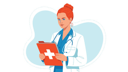 A medical professional reviews patient information on a clipboard.