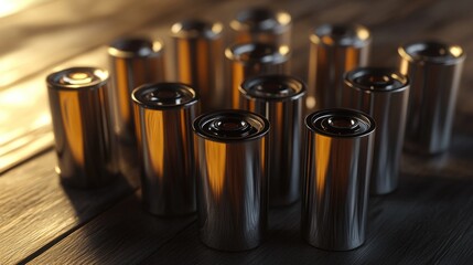A collection of batteries arranged on a wooden surface, showcasing their metallic finish