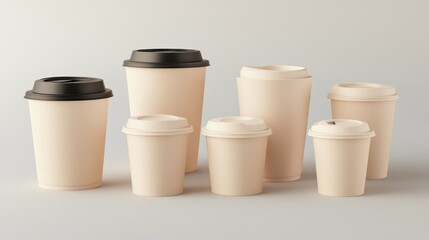 A collection of beige takeaway coffee cups arranged in a stylish mockup setting, perfect for commercial use in branding and marketing materials