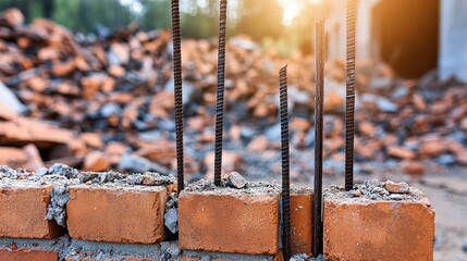 Metal Rebar Protruding From Crumbling Brickwork At Construction Site