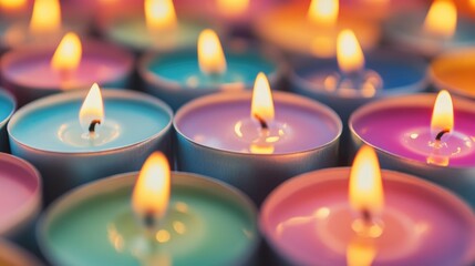 A collection of colorful candles with flames, arranged artistically for ambiance and relaxation