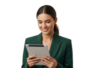Young woman in green blazer holding a tablet isolated on transparent background
