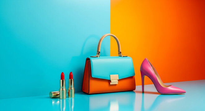 Stylish handbag, high heel shoe, and lipsticks arranged on a vibrant blue and orange background for a fashion shoot
