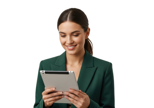 Young woman in green blazer holding a tablet isolated on transparent background