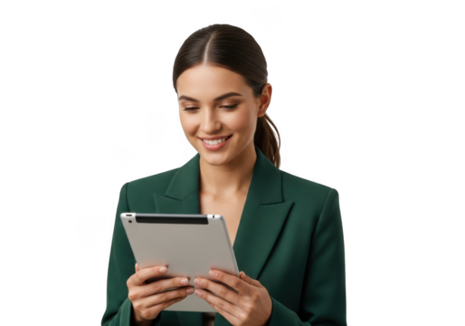 Young woman in green blazer holding a tablet isolated on transparent background