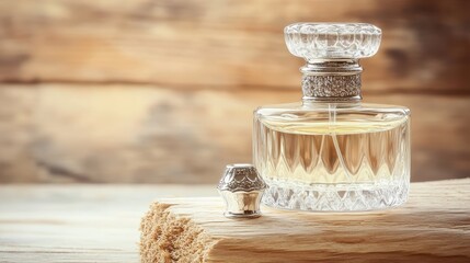 Ornate vintage perfume bottle on wooden surface close up