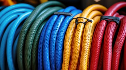 A collection of colorful coiled hoses for various practical uses