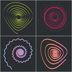 a set of four spirals of unique shapes and colors on a dark background