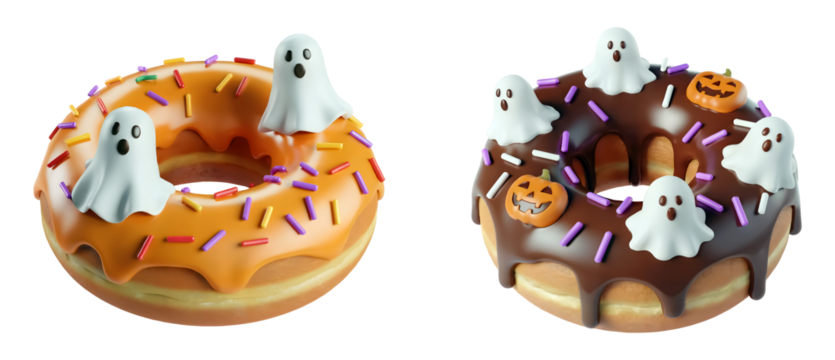 Spooky Halloween donuts delight with ghosts and pumpkins festive treats and seasonal fun isolated on png transparent background
