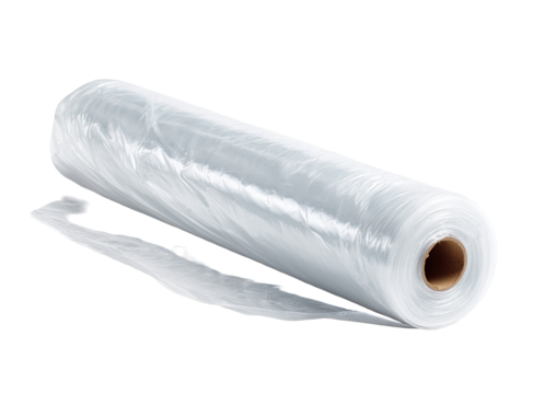 Rolled plastic sheeting.  A translucent, light-gray plastic roll.  A portion unrolled and slightly crumpled