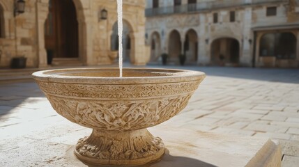 An ornate stone fountain basin with intricate carvings in a sunlit courtyard with flowing water and classical architecture in the background