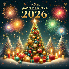 Happy New Year 2026 with Christmas Tree and Fireworks on Festive Background