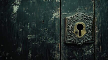 An ornate antique brass lock with a tarnished mechanism on a weathered dark green wooden door