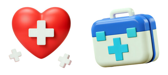 Obraz premium Medical care kit and heart with cross first aid health and wellness design concept for promotion isolated on png transparent background