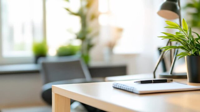 Modern desk setup with green plant and natural sunlight